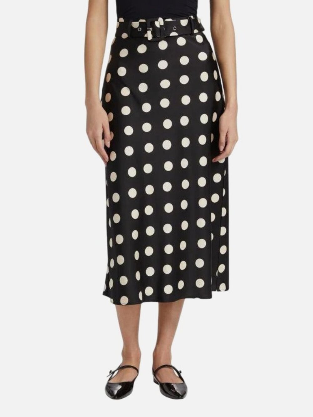 If Only Studio Women’s Black Satin Polka Dot Belted A-Line Skirt Size M